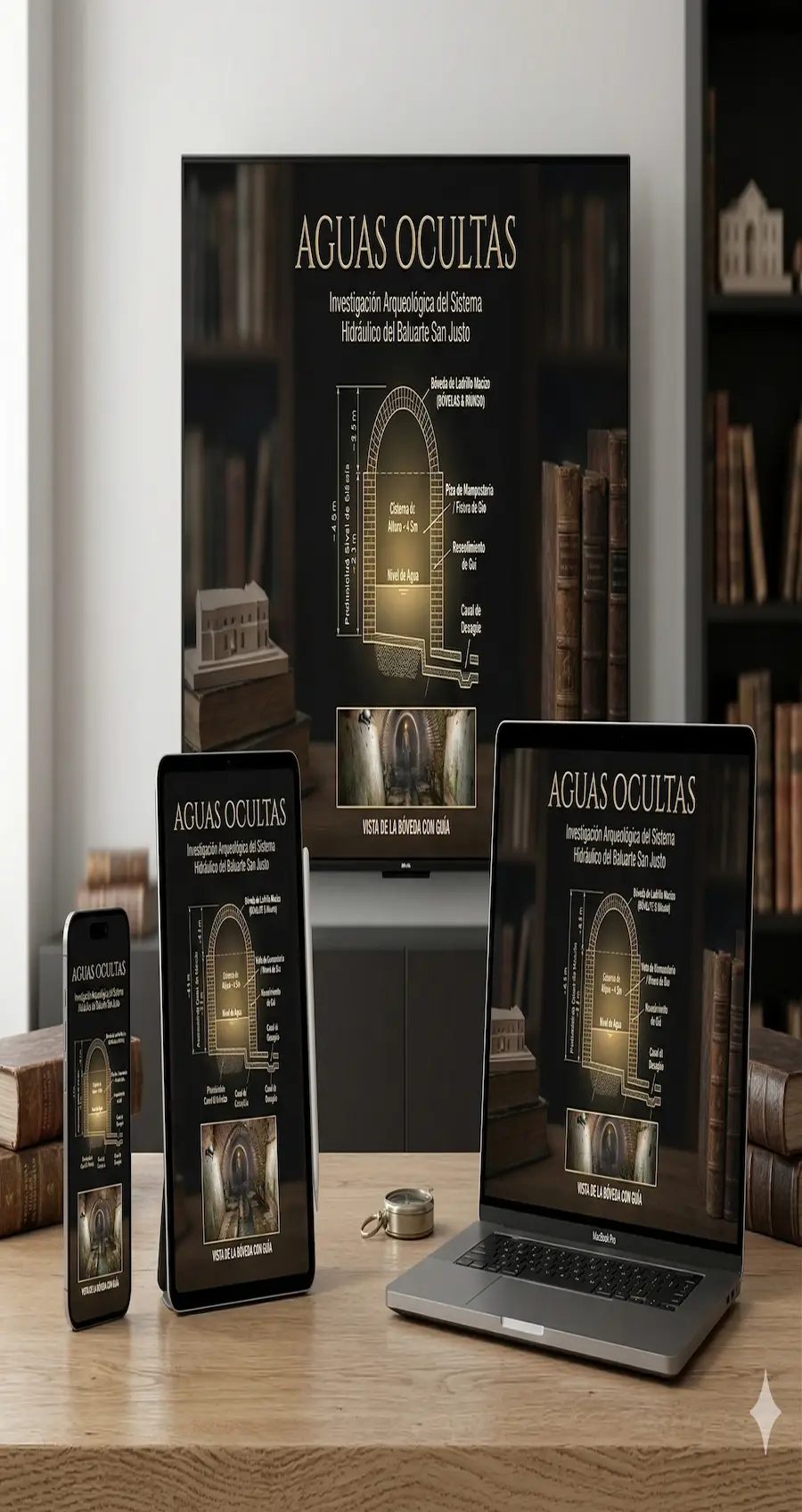 Plano técnico y fotografía de las galerías hidráulicas subterráneas del Baluarte de San Justo